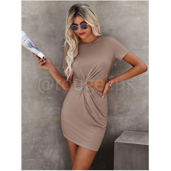 Casual Tee Shirt Dress Cutout Short Sleeve Beige Mini - Picture 3 of 6